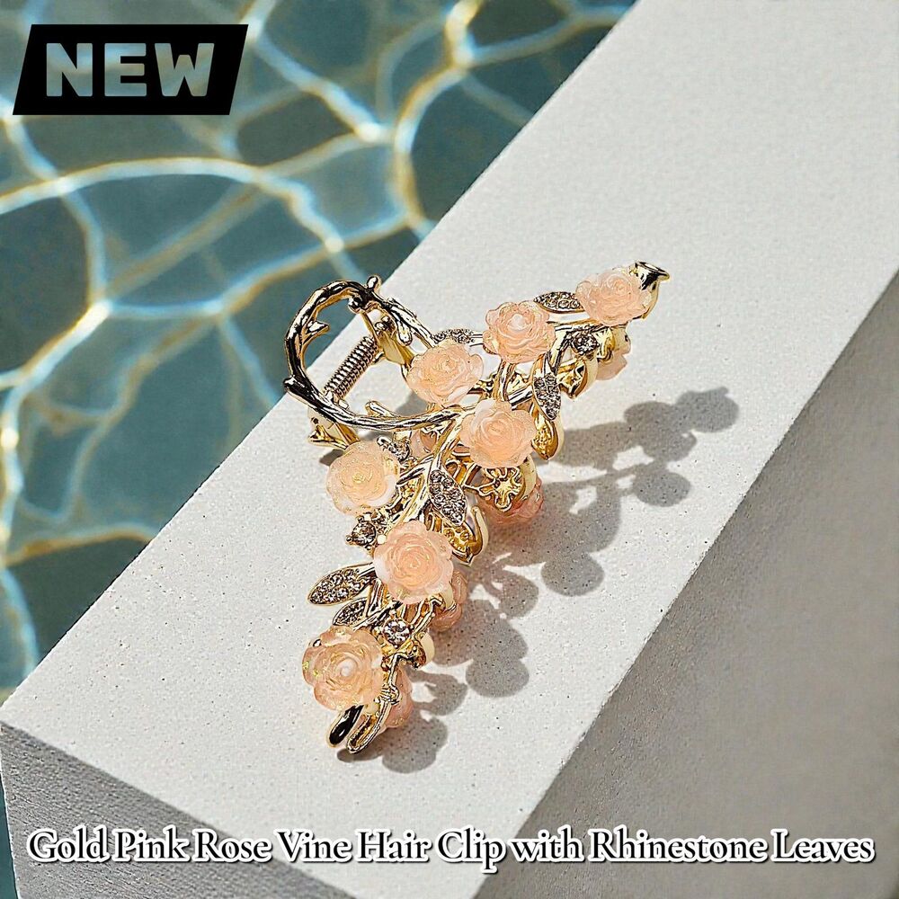New Gold Pink Rose Vine Hair Clip with Rhinestone Leaves